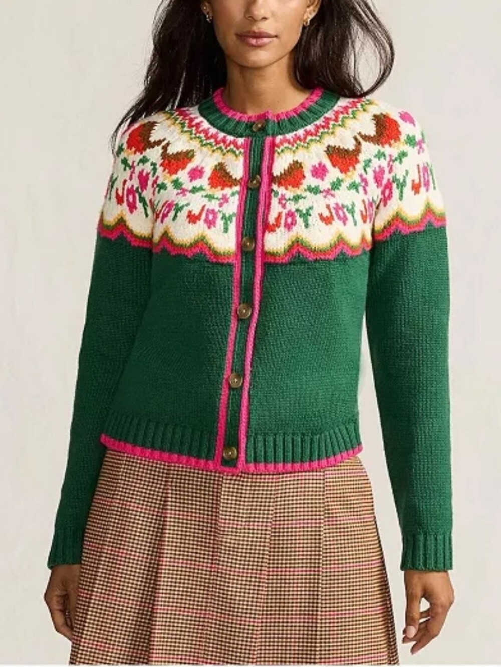 Lands End Lofty Birdseye Green and Pink Fair Isle chunky button up cardigan.